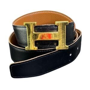 Hermes Reversible H Buckle Belt Black Tan Gold Hardware Size 95 Leather